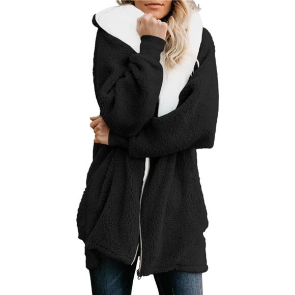 Womens Fleece Zip Up Jacket with Pockets Oversized Long Sherpa Hoodie - Picture 1 of 4